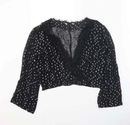 Preworn Womens Black Geometric Viscose Basic Blouse Size 10 V-Neck