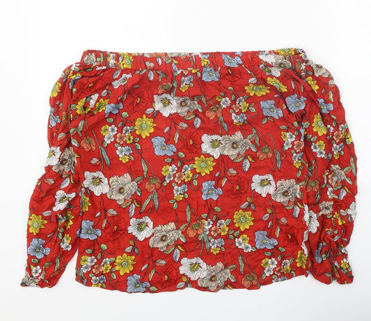 F&F Womens Red Floral Polyester Basic Blouse Size 6 Off the Shoulder
