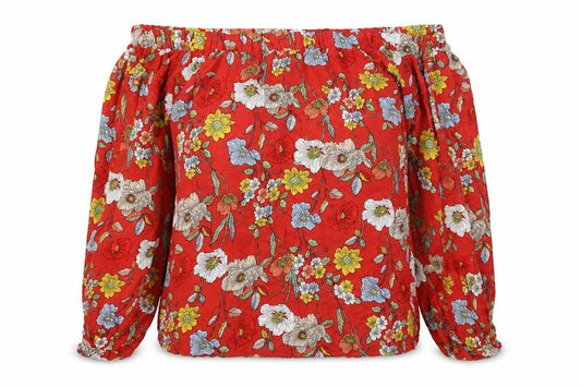 F&F Womens Red Floral Polyester Basic Blouse Size 6 Off the Shoulder