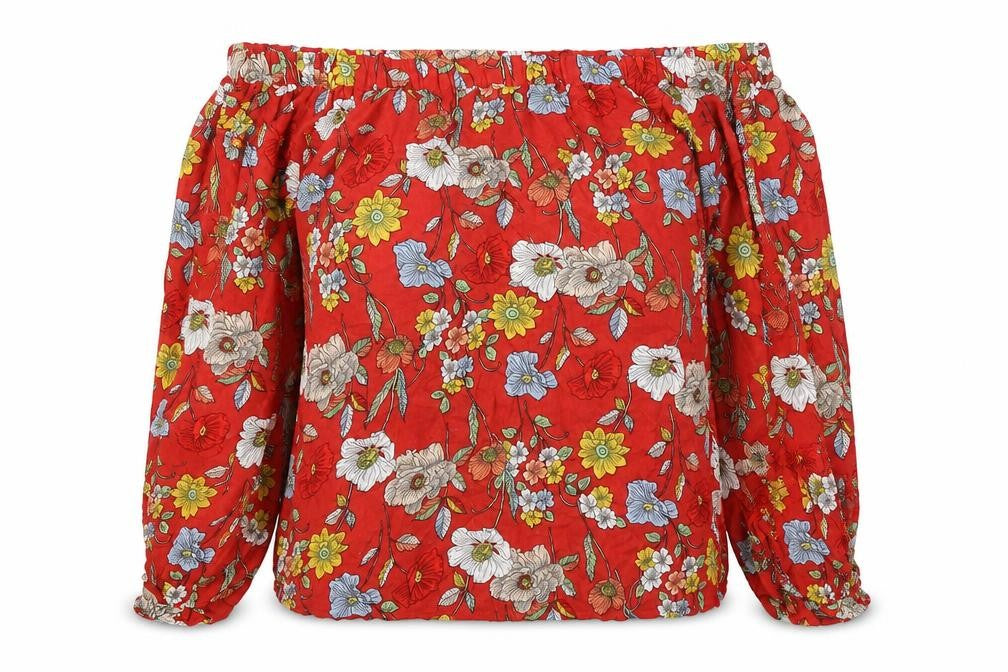 F&F Womens Red Floral Polyester Basic Blouse Size 6 Off the Shoulder