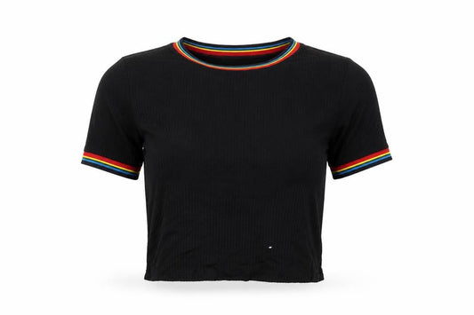 Trés Bien Womens Black Striped Viscose Cropped T-Shirt Size L Round Neck
