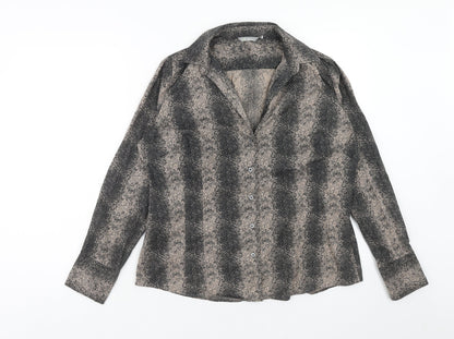 Marks & Spencer Womens Brown Geometric Cotton Basic Button-Up Size 14 V-Neck