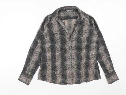 Marks and Spencer Womens Brown Geometric Cotton Basic Button-Up Size 14 V-Neck