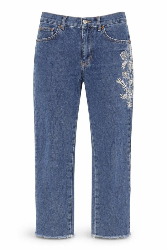 Pull&Bear Womens Blue Floral Cotton Straight Jeans Size 8 Regular Zip - Distressed Hems