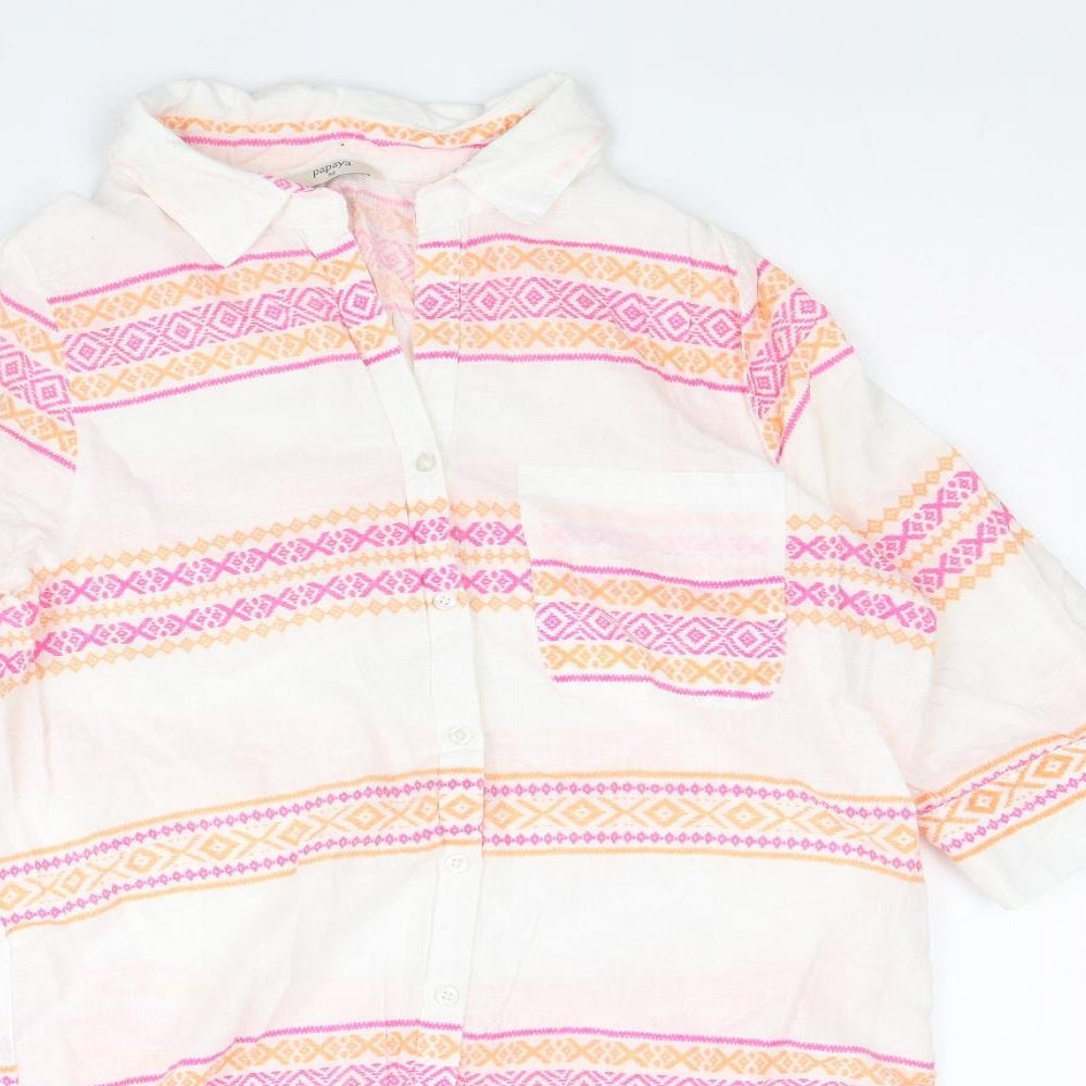 Papaya Womens White Geometric 100% Cotton Shirt Dress Size M Collared Button
