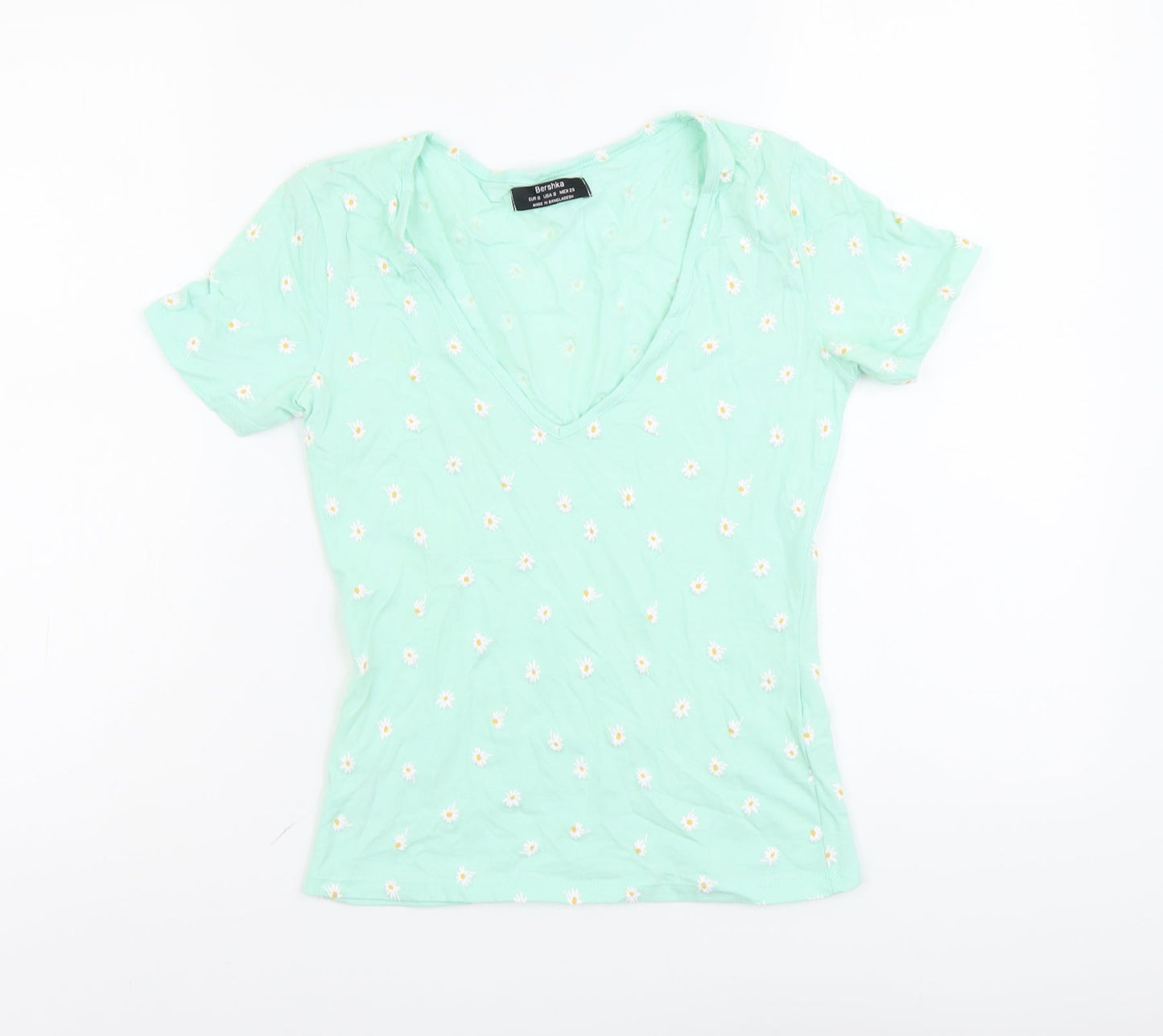 Bershka Womens Green Geometric Cotton Basic T-Shirt Size S V-Neck - Flower Detail