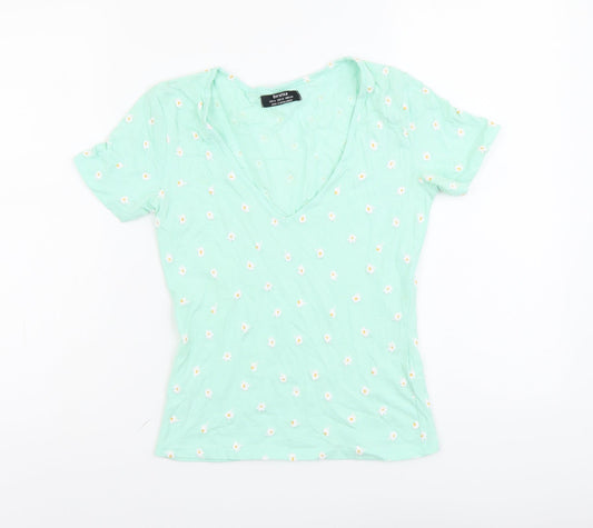 Bershka Womens Green Geometric Cotton Basic T-Shirt Size S V-Neck - Flower Detail