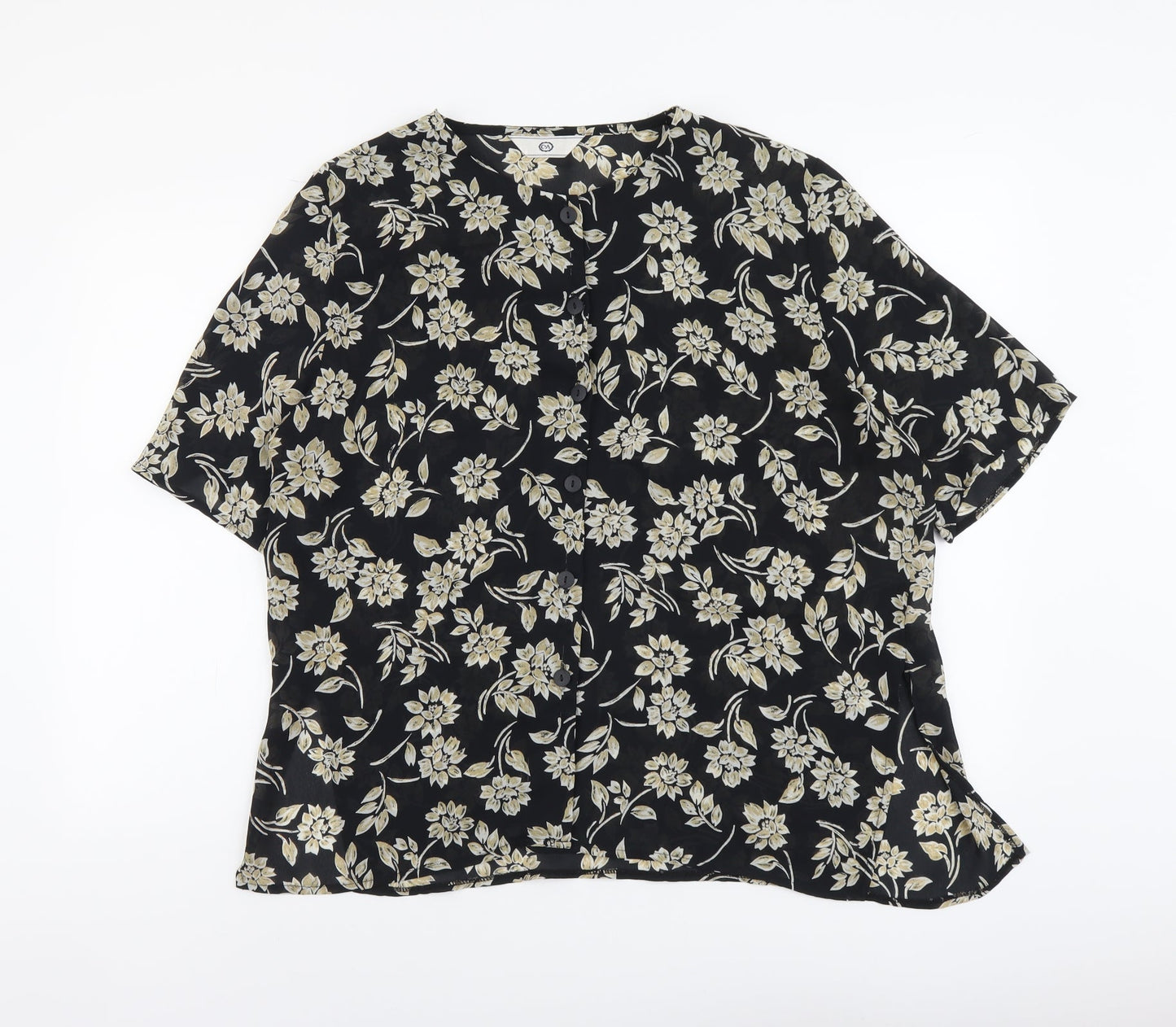 C&A Womens Black Floral Polyester Basic Button-Up Size 14 Round Neck
