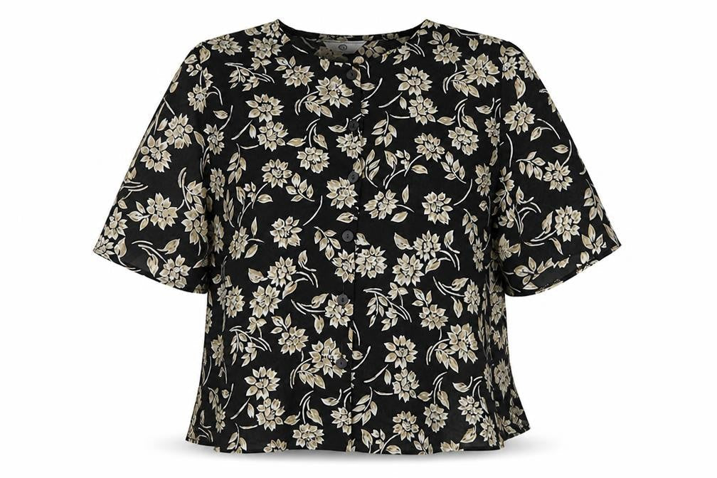 C&A Womens Black Floral Polyester Basic Button-Up Size 14 Round Neck