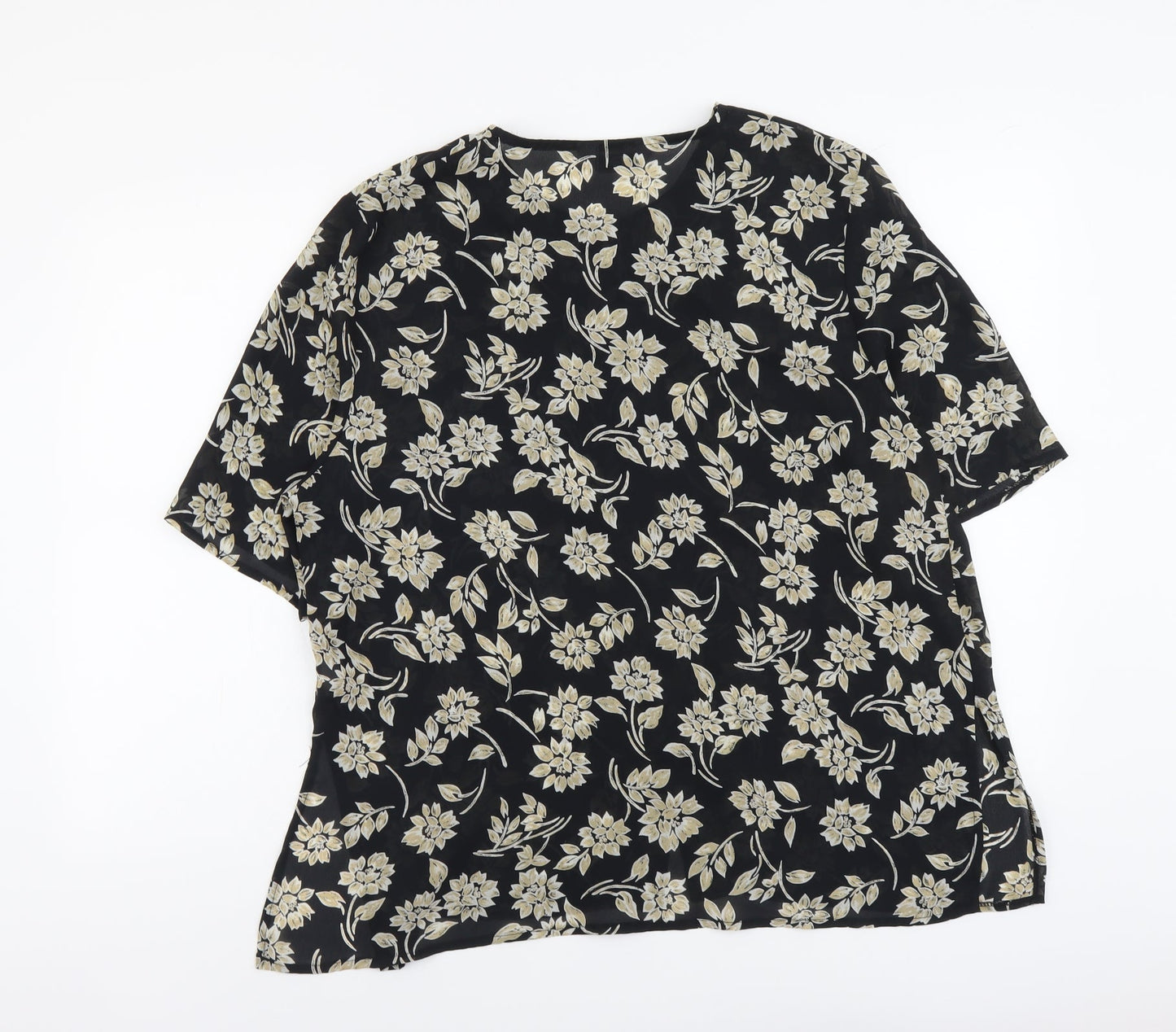 C&A Womens Black Floral Polyester Basic Button-Up Size 14 Round Neck