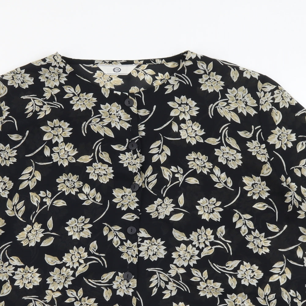 C&A Womens Black Floral Polyester Basic Button-Up Size 14 Round Neck
