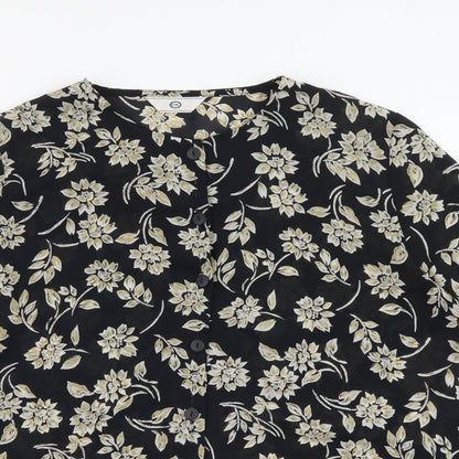 C&A Womens Black Floral Polyester Basic Button-Up Size 14 Round Neck