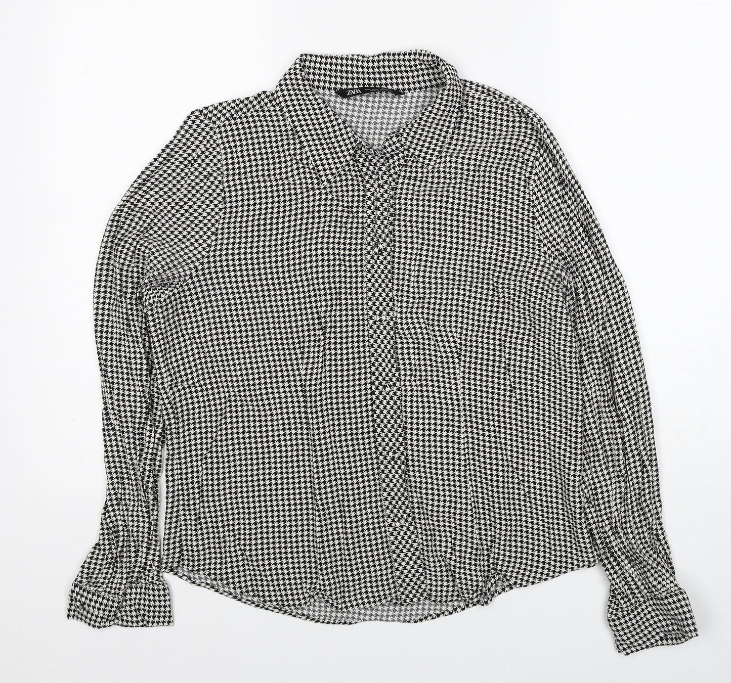 Zara Womens Black Herringbone Viscose Basic Button-Up Size L Collared