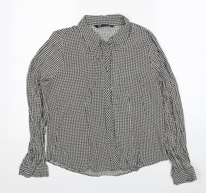 Preloved Zara Womens Black Herringbone Viscose Basic Button-Up Size L Collared - Front