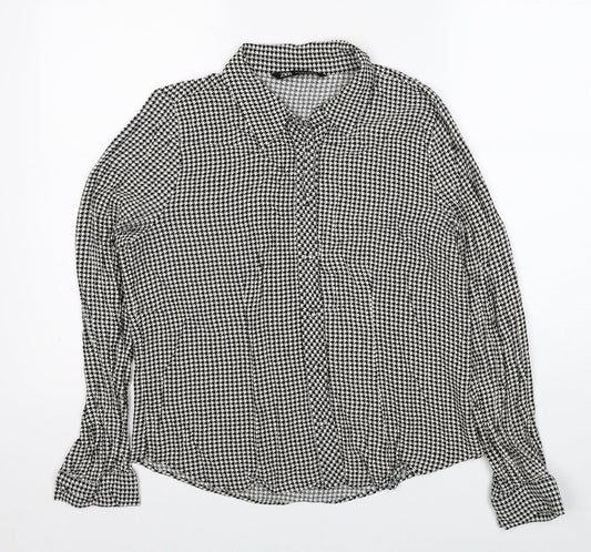 Zara Womens Black Herringbone Viscose Basic Button-Up Size L Collared