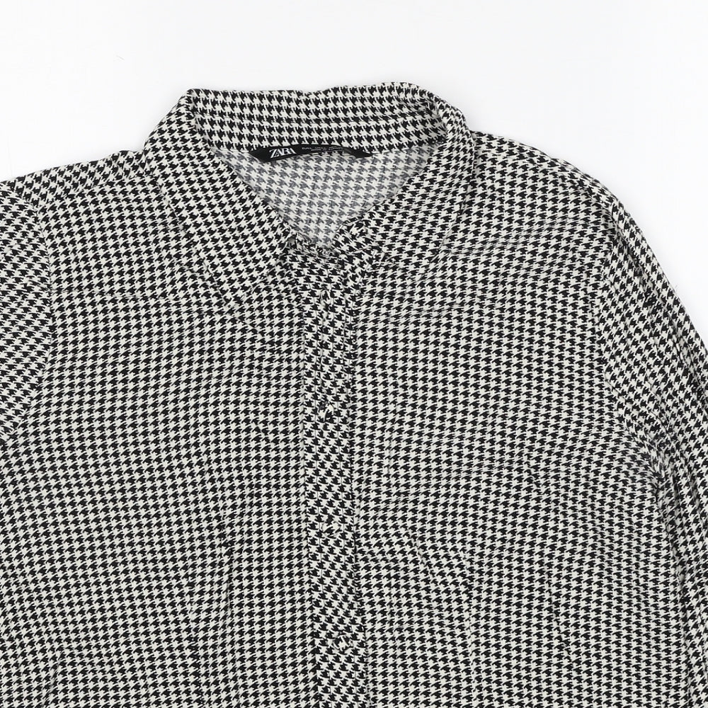 Zara Womens Black Herringbone Viscose Basic Button-Up Size L Collared