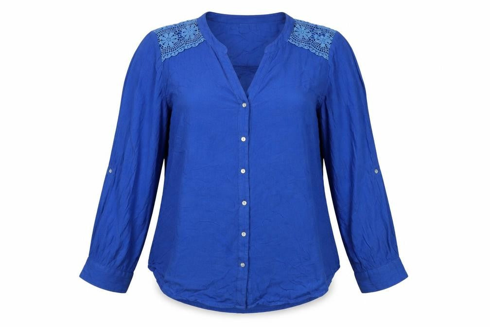 Together Womens Blue Viscose Basic Button-Up Size S V-Neck - Lace Detail
