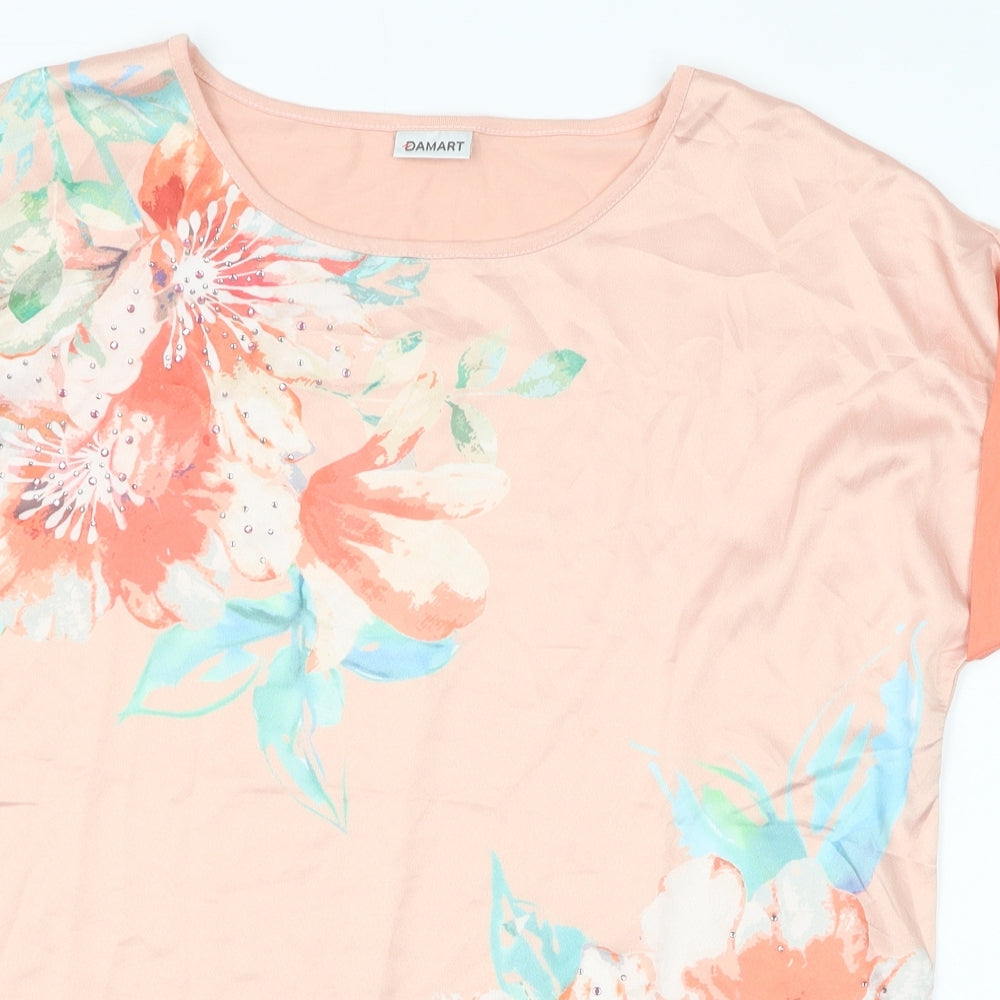 Damart Womens Orange Floral Polyester Basic Blouse Size 14 Scoop Neck
