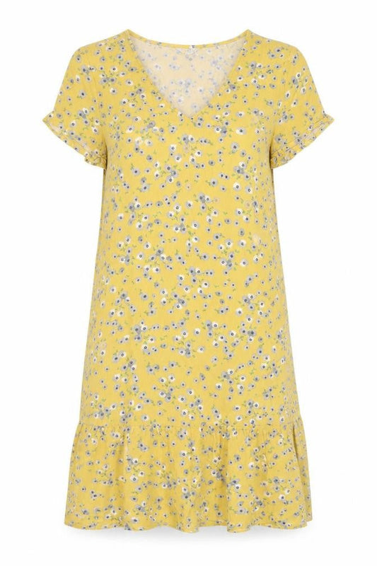 Jack Wills Womens Yellow Floral Viscose T-Shirt Dress Size 6 V-Neck Pullover