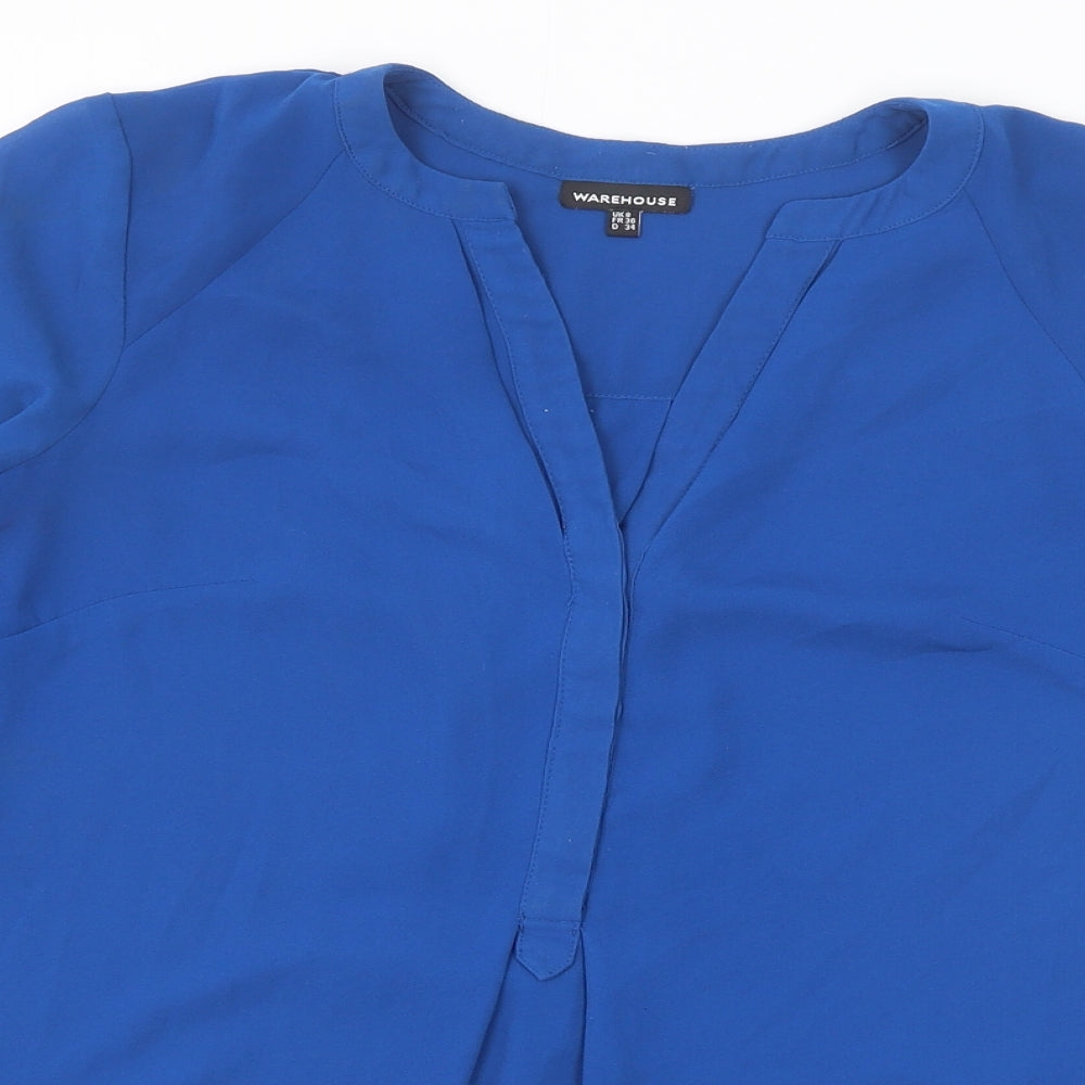 Warehouse Womens Blue Polyester Basic Blouse Size 8 V-Neck