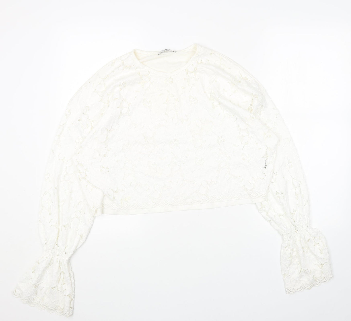 Zara Womens White Floral Cotton Cropped Blouse Size M Round Neck