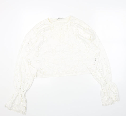 Zara Womens White Floral Cotton Cropped Blouse Size M Round Neck