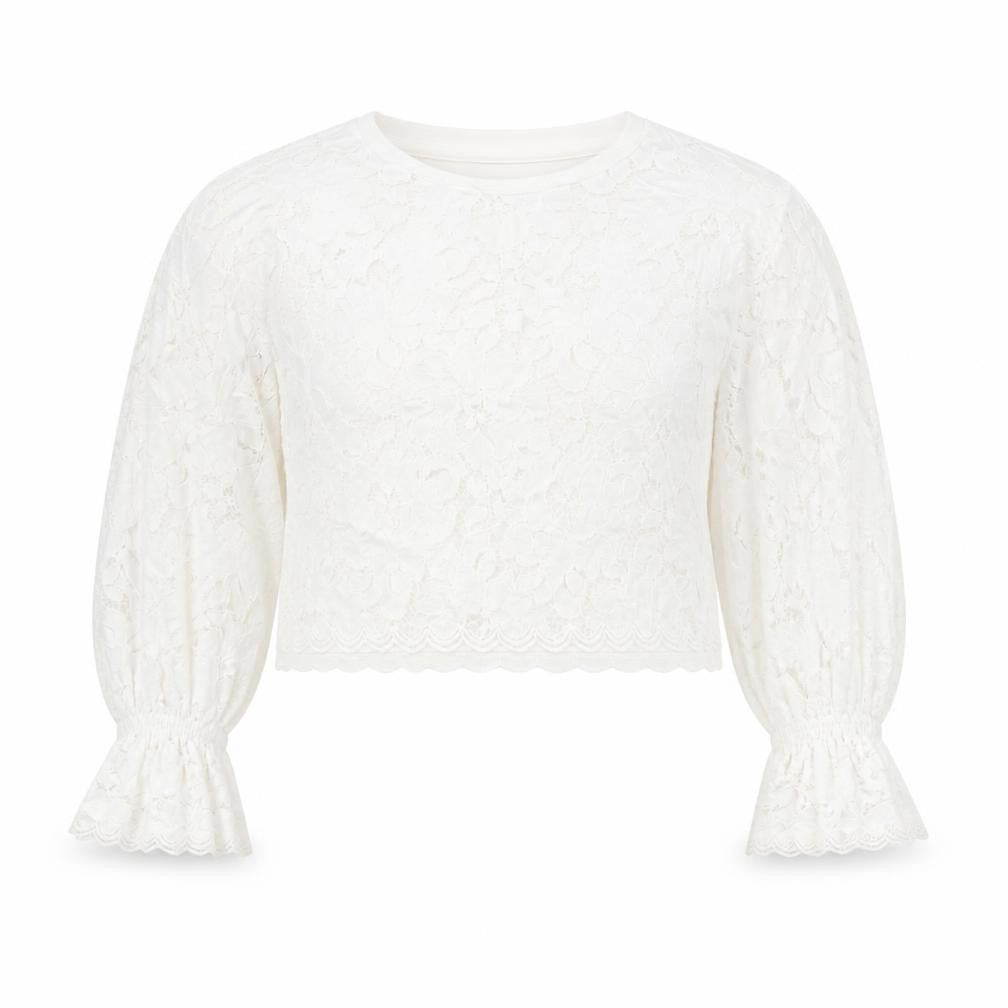 Zara Womens White Floral Cotton Cropped Blouse Size M Round Neck