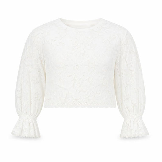 Zara Womens White Floral Cotton Cropped Blouse Size M Round Neck