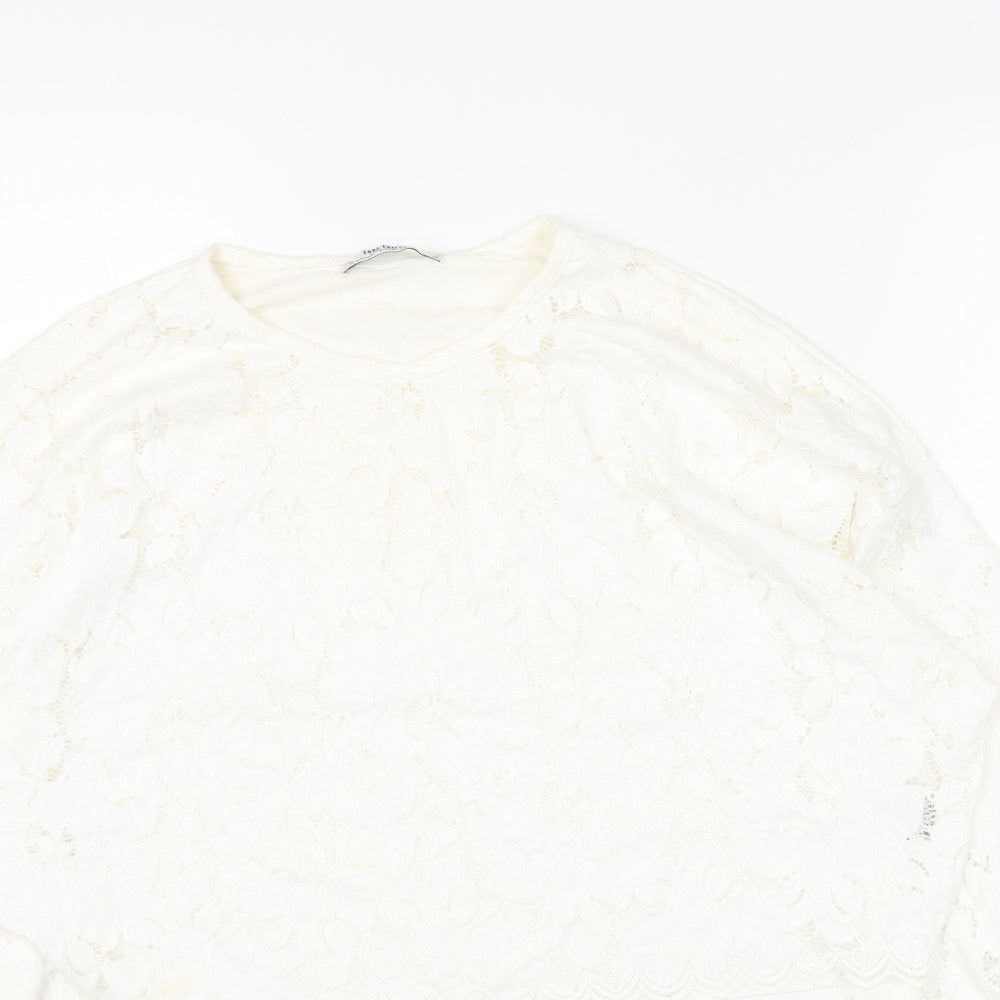 Zara Womens White Floral Cotton Cropped Blouse Size M Round Neck