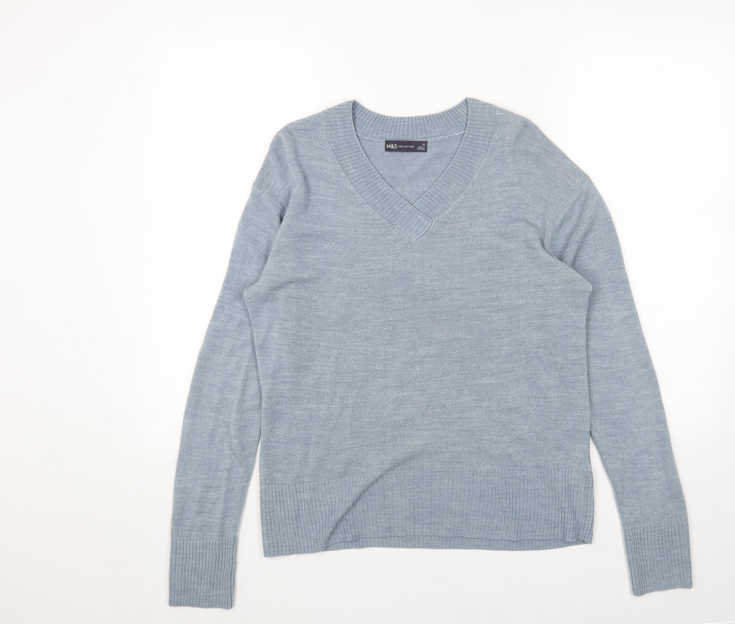 Marks and Spencer Womens Blue V-Neck Acrylic Pullover Jumper Size 12