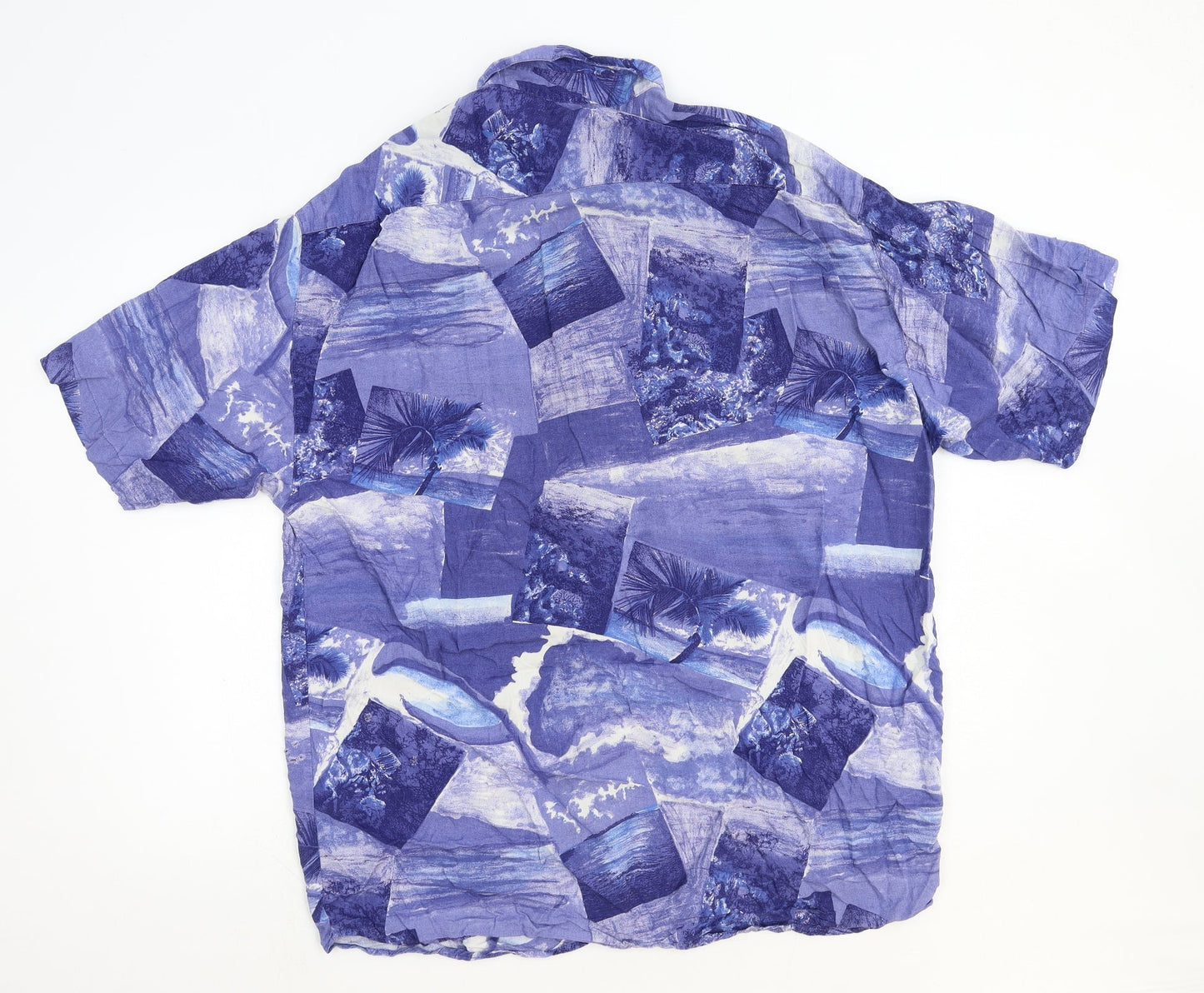 Preworn Mens Blue Geometric Viscose Button-Up Size S Collared Button - Beach Print