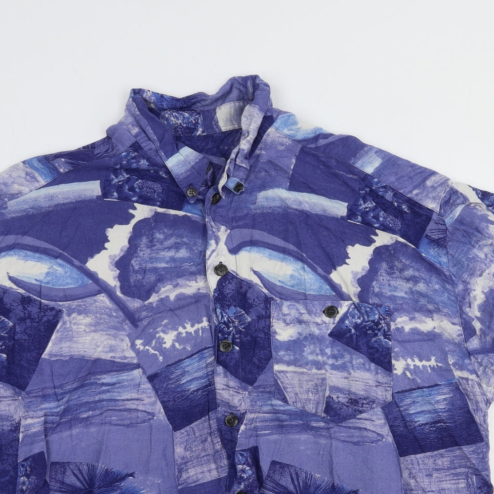 Preworn Mens Blue Geometric Viscose Button-Up Size S Collared Button - Beach Print