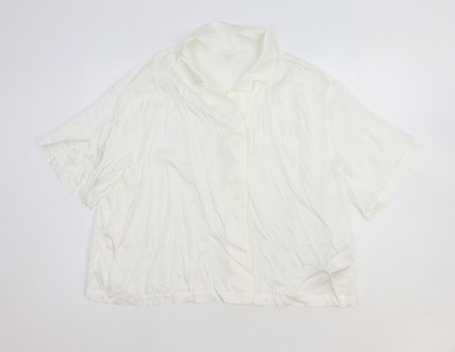 H&M Womens White Viscose Basic Button-Up Size L Collared