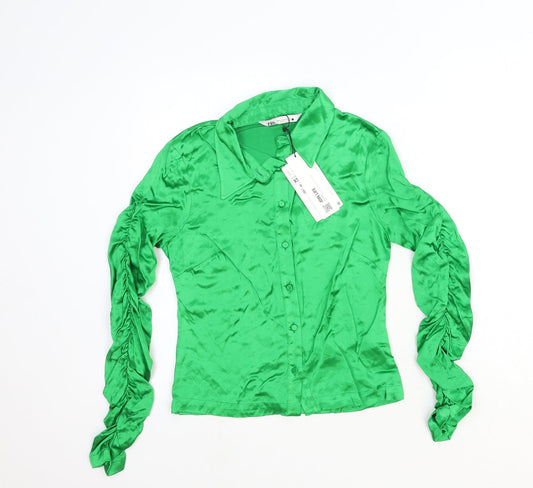 Zara Womens Green Viscose Basic Button-Up Size XS Collared - Ruched Sleeve