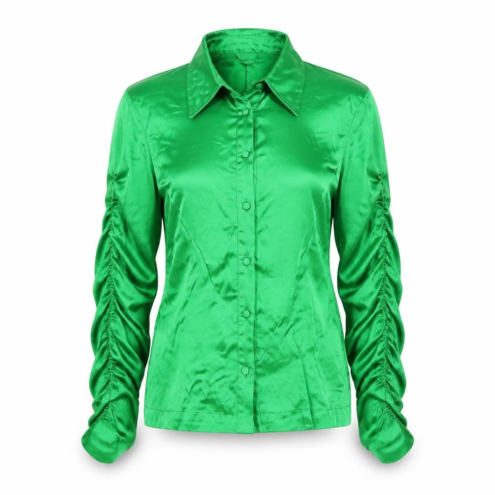 Zara Womens Green Viscose Basic Button-Up Size XS Collared - Ruched Sleeve