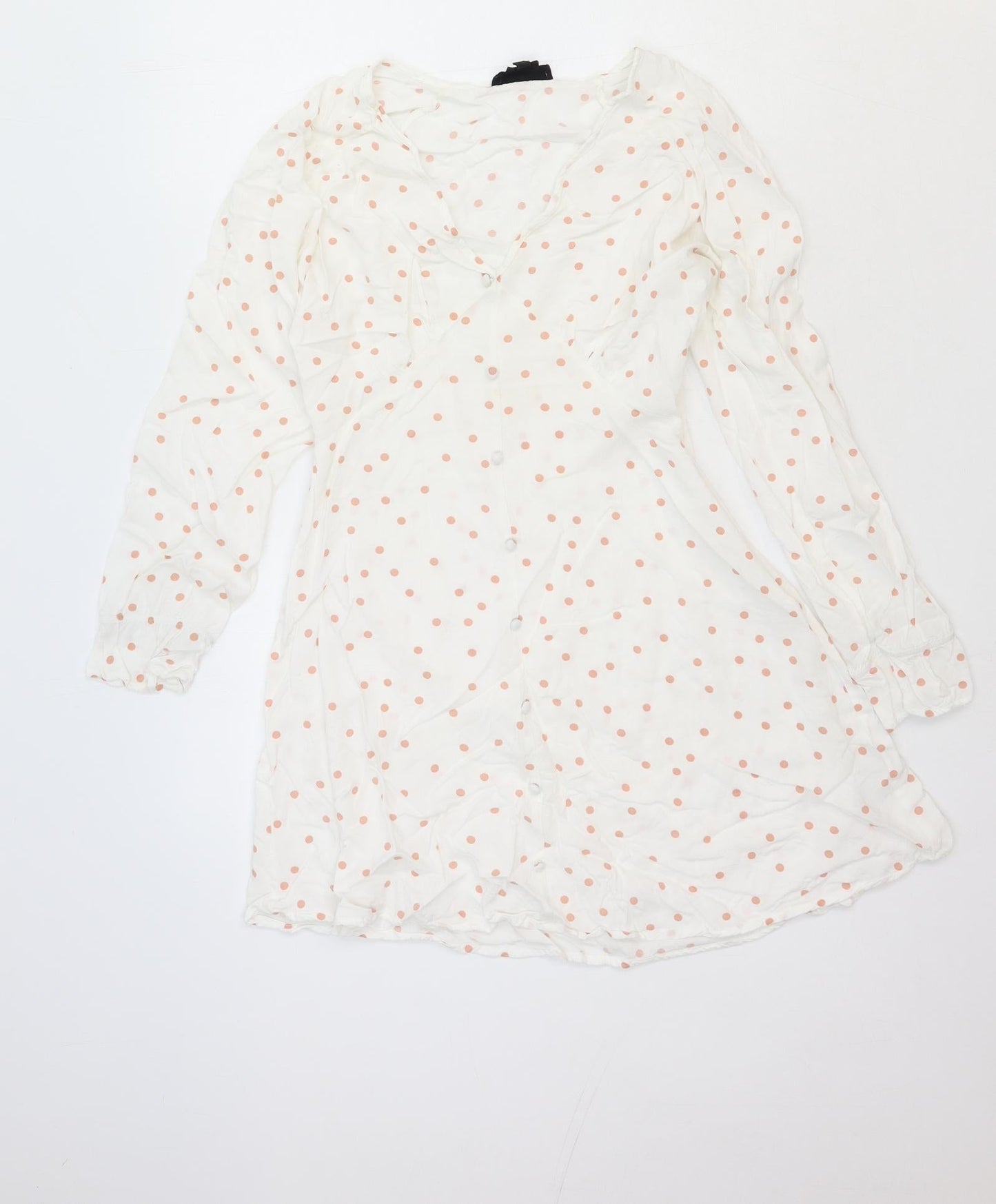 Wednesday's Girl Womens White Polka Dot Viscose Fit & Flare Size S V-Neck Button