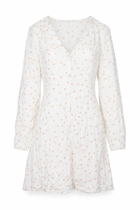 Wednesday's Girl Womens White Polka Dot Viscose Fit & Flare Size S V-Neck Button