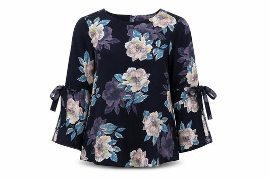 F&F Womens Blue Floral Polyester Basic Blouse Size 6 Scoop Neck - Bell Sleeve