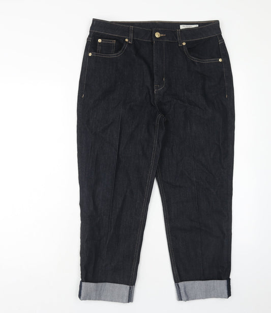 Marks and Spencer Womens Blue Cotton Straight Jeans Size 14 Regular Zip - Turn Up