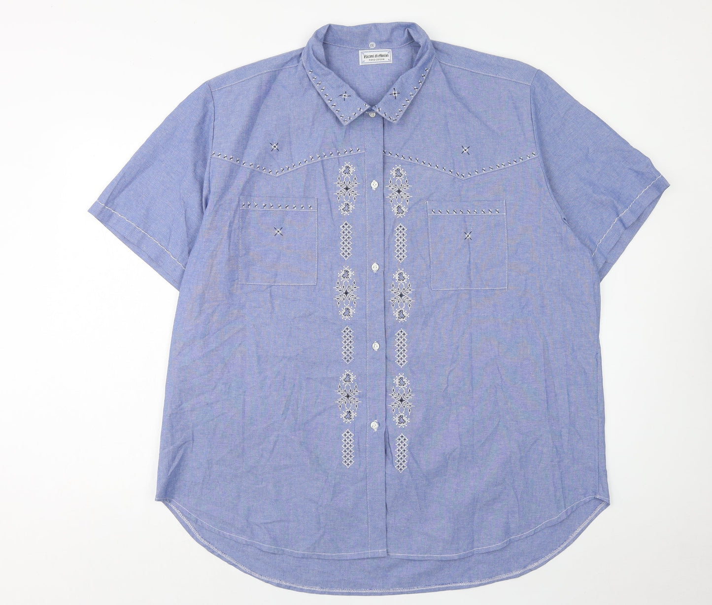 Ricami di Assin Womens Blue Geometric Cotton Basic Button-Up Size 2XL Collared