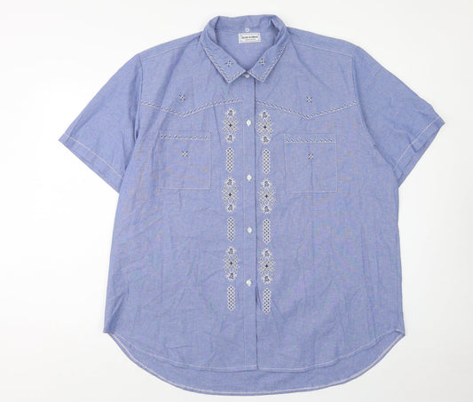 Ricami di Assin Womens Blue Geometric Cotton Basic Button-Up Size 2XL Collared