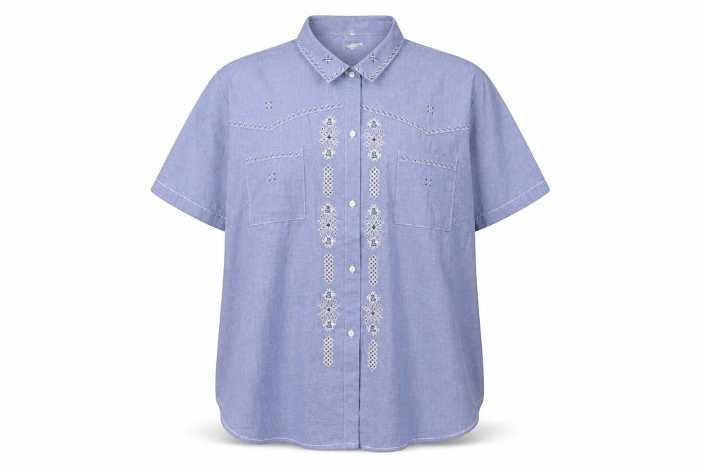 Ricami di Assin Womens Blue Geometric Cotton Basic Button-Up Size 2XL Collared
