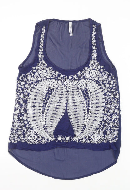 Stradivarius Womens Blue Geometric Polyester Basic Tank Size M Scoop Neck