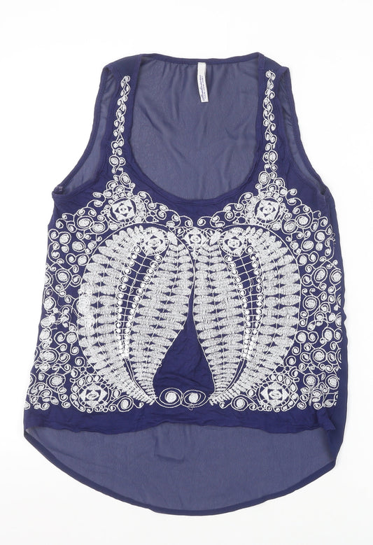 Stradivarius Womens Blue Geometric Polyester Basic Tank Size M Scoop Neck