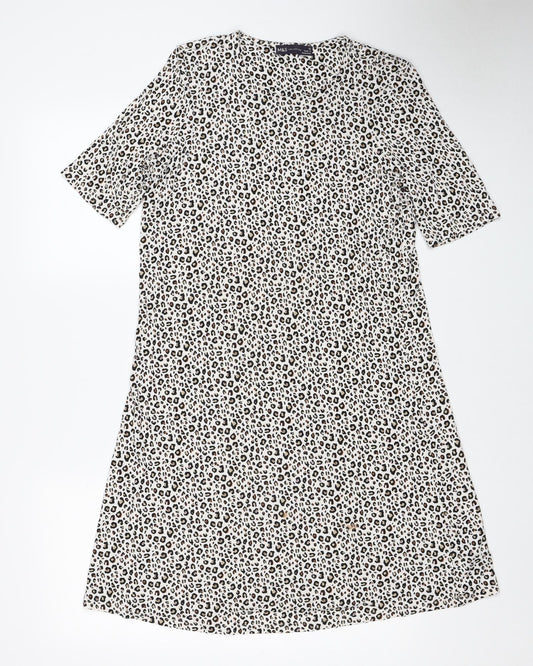 Marks and Spencer Womens White Animal Print Viscose A-Line Size 12 Round Neck - Leopard Print