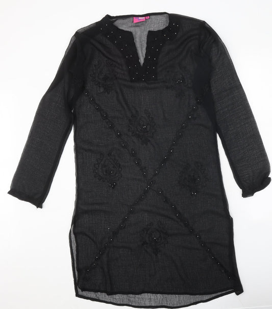 Long Beach Oceanic Womens Black Polyester Kaftan Size S V-Neck Pullover - Beach Cover Up