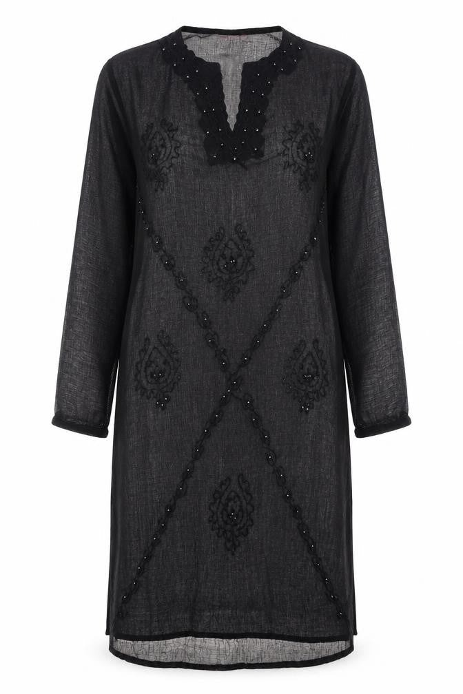 Long Beach Oceanic Womens Black Polyester Kaftan Size S V-Neck Pullover - Beach Cover Up