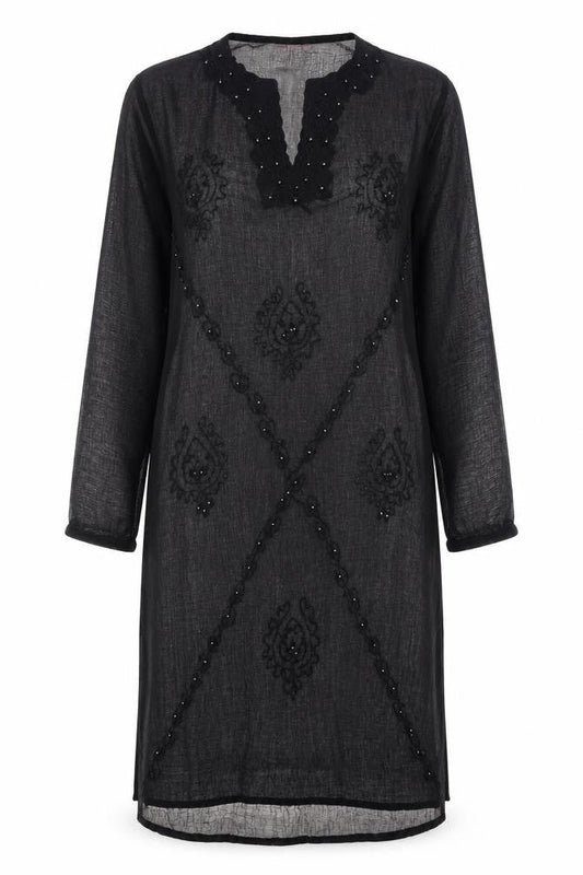 Long Beach Oceanic Womens Black Polyester Kaftan Size S V-Neck Pullover - Beach Cover Up