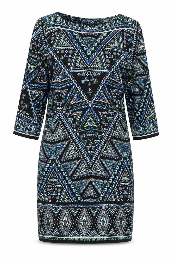 M&Co Womens Black Geometric Polyester A-Line Size 12 Boat Neck Pullover