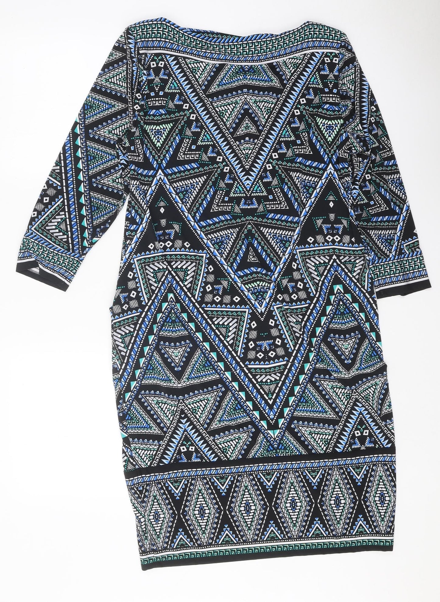 M&Co Womens Black Geometric Polyester A-Line Size 12 Boat Neck Pullover